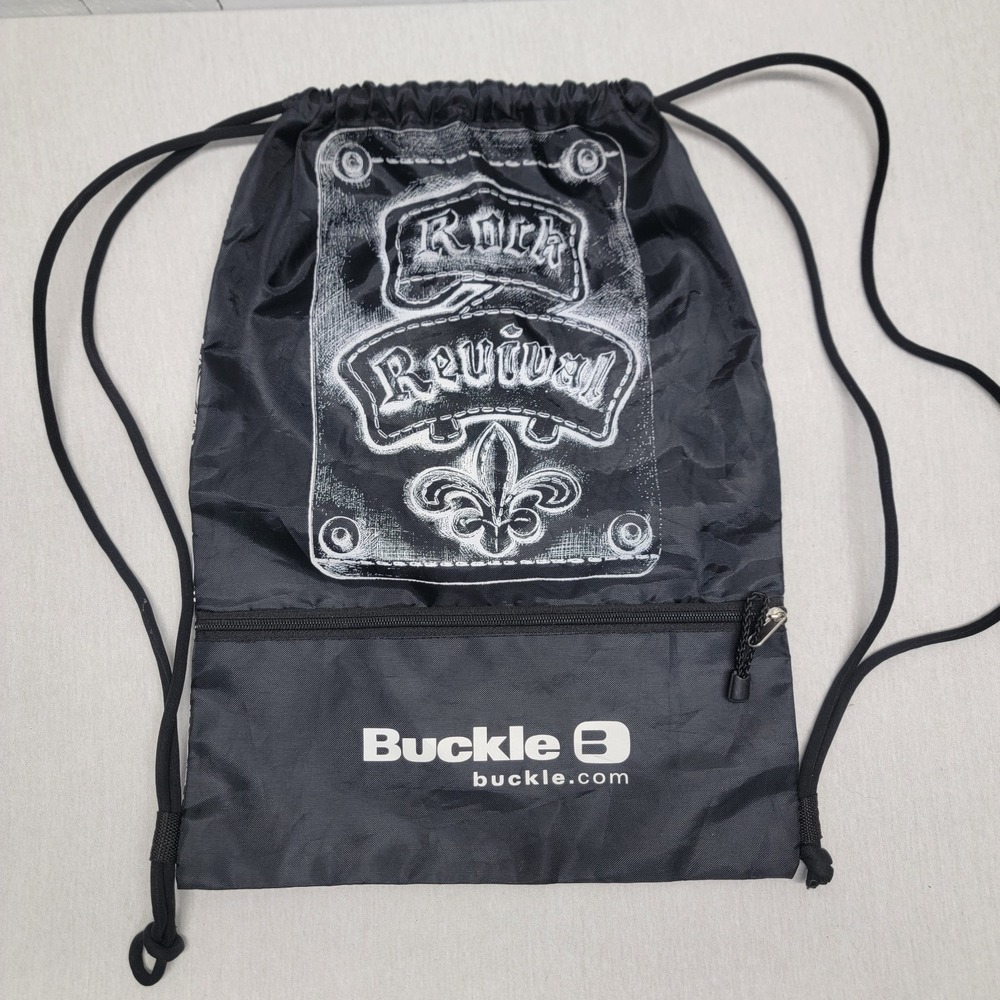 ROCK REVIVAL Denim Buckle 13.5"x18.5" Black Logo Cinch Bag BACKPACK Drawstring